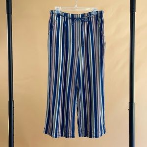 AE blue, pink, tan + white striped flare pants